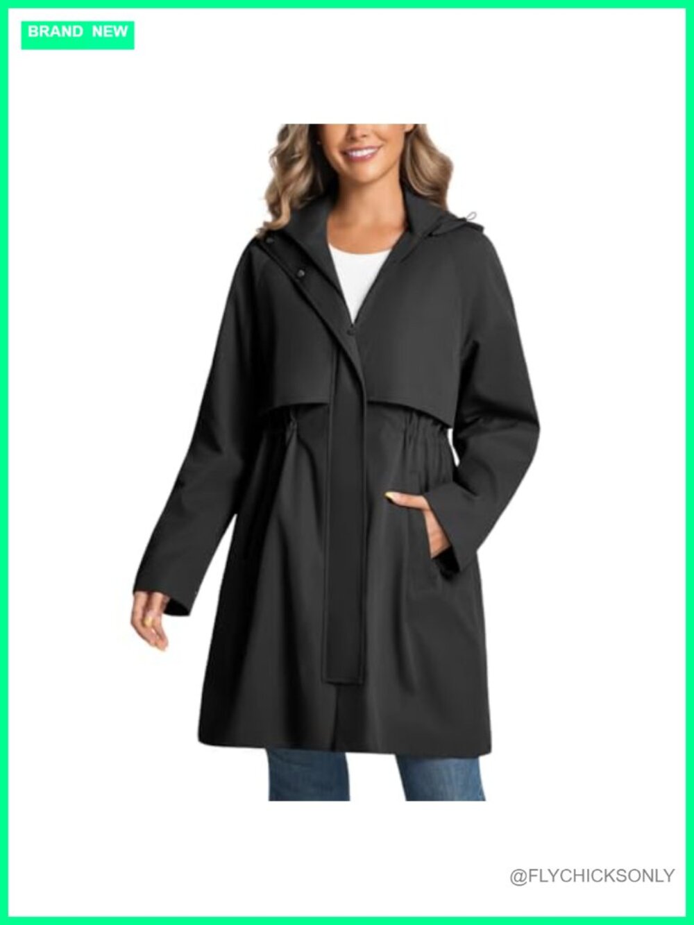 Womens Water Resistant Trench Coat Detachable Hood Drawstring Waist